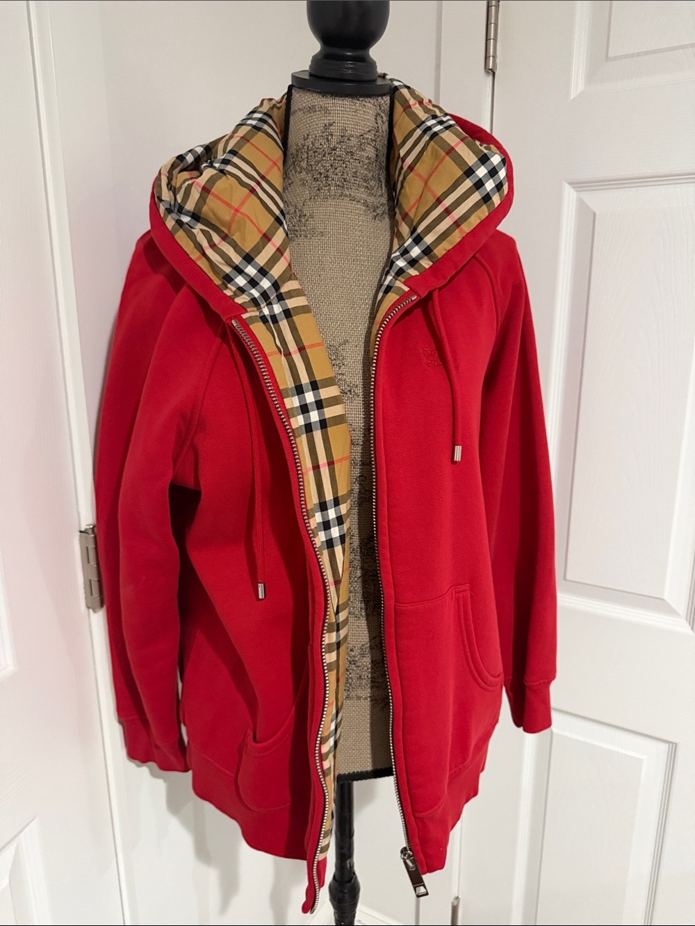 Burberry Luxury Red Hooded Zip-Up Jacket with Plaid Lining Size Xl
